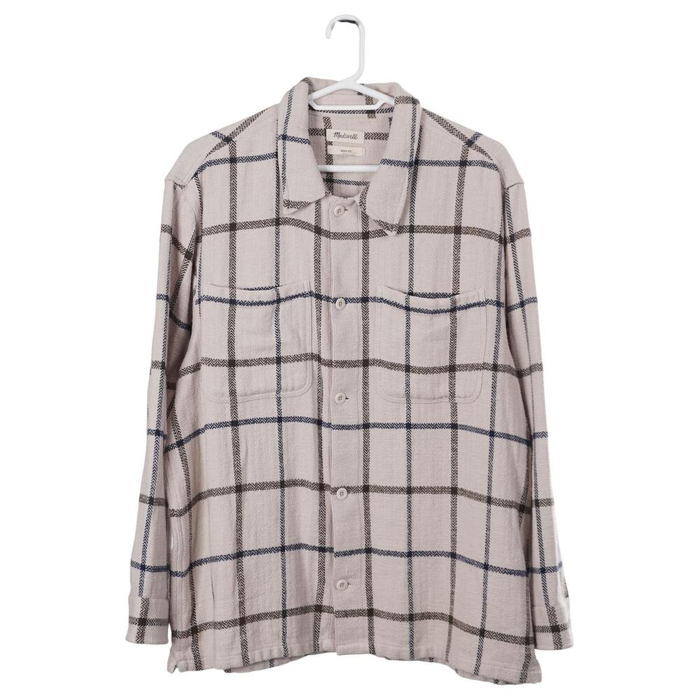 Madewell Shirt Men XXL Beige Plaid Boxy Fit Button Up Shirt Jacket Shacket NI366
